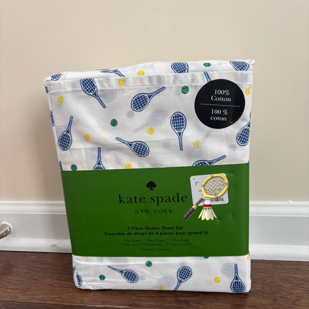 Brand new Kate Spade Blue and Yellow Tennis Print Sheet Set